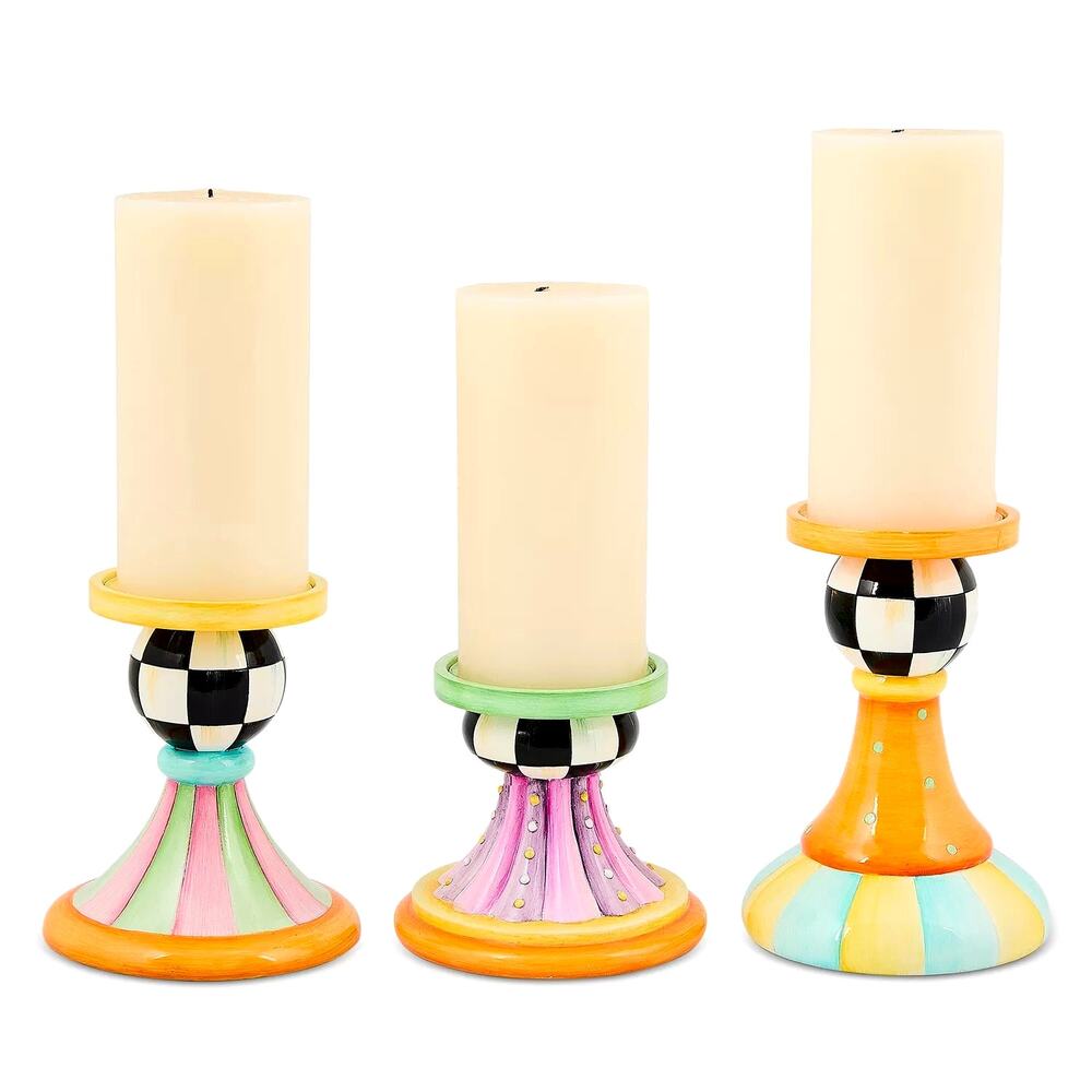 Mackenzie-Childs Trick or Treat Pillar Candle Holders Set of 3 NEW